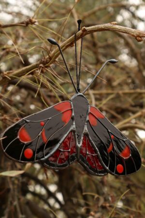 Zygaena butterfly suncatcher, stained glass window hangings, Halloween home decor, fall decor, garden art, handmade gift, unique wall art