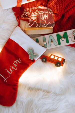 Babys First Christmas Gift Set. Personalized Christmas Stocking + Name Puzzle + Night Light + Wooden Car With Name. Christmas Gift For Kids.
