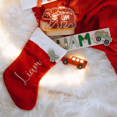 Babys First Christmas Gift Set. Personalized Christmas Stocking + Name Puzzle + Night Light + Wooden Car With Name. Christmas Gift For Kids.