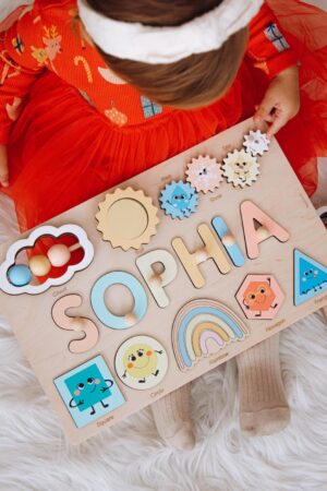 Personalized Name Puzzle with Numbers and Shapes Funny Educational Puzzle 1st Birthday Gift Cute Busy Board Handmade Toys Kids Boho Toys