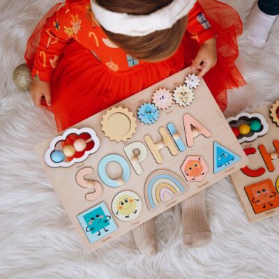 Personalized Name Puzzle with Numbers and Shapes Funny Educational Puzzle 1st Birthday Gift Cute Busy Board Handmade Toys Kids Boho Toys