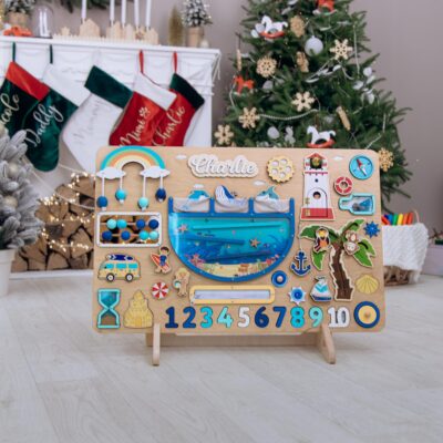 Toddler Busy Board for 1 2 3 Year Old Montessori Fidget Boards Present for Boys Personalized Wooden Kids Gift Handmade Toys Baby Shower Gift