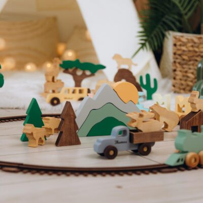 Handmade Kids Toys Safari Theme Building Blocks Wooden Play Set for Toddlers Easter Gifts Personalized Toy Car Jeep Kids Birthday Gifts