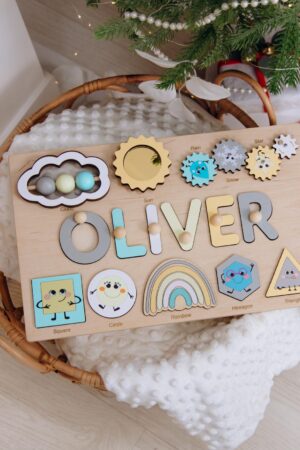 Personalized Pastel Puzzle Custom Name Puzzle with Numbers and Geometric Shapes for Kids Baby Shower and 1st Birthday Gift Handmade Toys