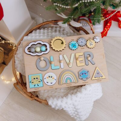 Personalized Pastel Puzzle Custom Name Puzzle with Numbers and Geometric Shapes for Kids Baby Shower and 1st Birthday Gift Handmade Toys