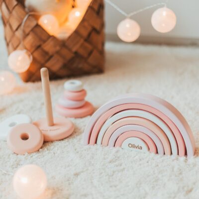 Montessori Toys, Wooden Toy 1 Year Old, Sensory Stacking Rings, Named Pyramid & Rainbow, Christmas Gift For Nephew And Niece