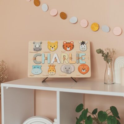 Animals Wooden Name Puzzle Busy Board Puzzle Baby First Easter Present Sensory Toys for Baby and Toddler Baby Shower Gift 1 Year Old Gift