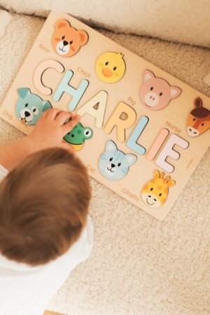 Name Puzzle with Animals Personalized Baby Shower Gift Baby Toddler Kids Toys Wooden Toys First Birthday Girl and Boy Baby Name Puzzle Gifts