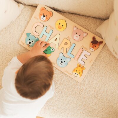 Name Puzzle with Animals Personalized Baby Shower Gift Baby Toddler Kids Toys Wooden Toys First Birthday Girl and Boy Baby Name Puzzle Gifts