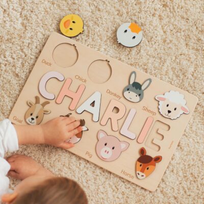 Personalized Name Puzzle with Animals | Baby, Toddler, Kids Toys | Wooden Toys | Baby Shower | Christmas Gifts | First Birthday Girl and Boy