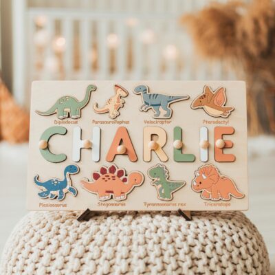 Dinosaurs Name Puzzle, 1st Birthday Boy, Wooden Nursery Decor, Best Easter Gift For Toddlers, Dinosaur Design, Montessori Toys