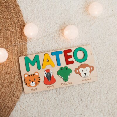 Custom Name Puzzle with Animals, Personalized Birthday Gift, Christmas Gifts For Toddlers, Unique Baby Gift, Wooden Montessori Toys For Kids