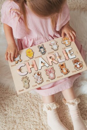 Name Puzzle With Safari Animals. Pretend Play Toddler. Wooden Kids Toys. Personalized Easter Gift. Baby Gifts. Sensory Toy 2 Year Old.