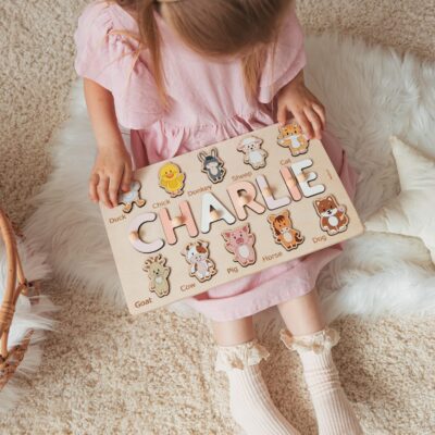 Name Puzzle With Safari Animals. Pretend Play Toddler. Wooden Kids Toys. Personalized Easter Gift. Baby Gifts. Sensory Toy 2 Year Old.