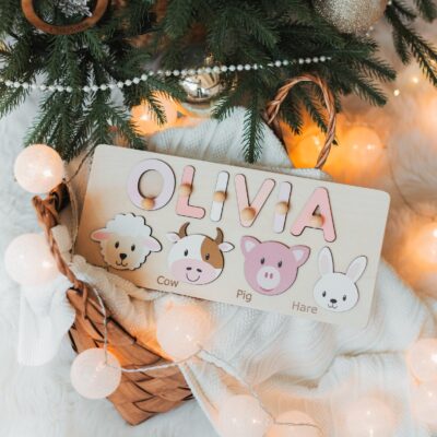 Name Puzzle With Woodland Animals, Woodland Nursery Decor, Baby Shower Gift, One Year Old Gif, Montessori Board, Toddler Toy, Gifts For Kids