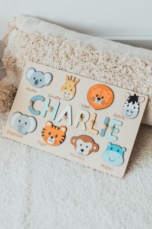Safari Nursery Decor Name Puzzle Baby Boy and Girl Montessori Toy 1 2 3 Years Old Personalized Gift For Kids 1st Birthday Baby Shower Gifts