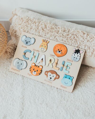 Safari Nursery Decor Name Puzzle Baby Boy and Girl Montessori Toy 1 2 3 Years Old Personalized Gift For Kids 1st Birthday Baby Shower Gifts