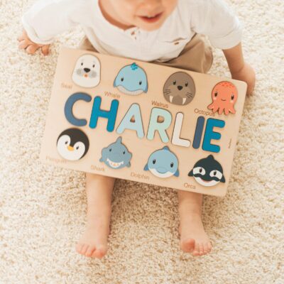 Busy Board 1 2 3 Years Old Personalized Name Puzzle with Animals Kids First Birthday Gift Unique Easter Gifts Baby Educational Puzzles
