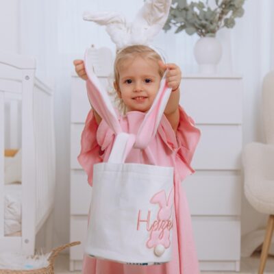Cute Embroidered Easter Bunny Basket. Personalized Easter Gifts For Kids. Neutral Easter Basket For Toddlers. Easter Hunt Bag. Easter Games.
